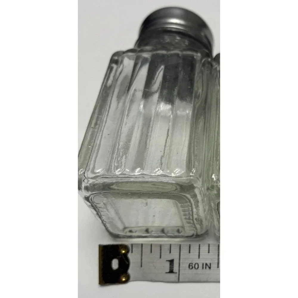 Vintage Ribbed Square Salt & Pepper Shakers Clear Chrome Clear Glass‎
